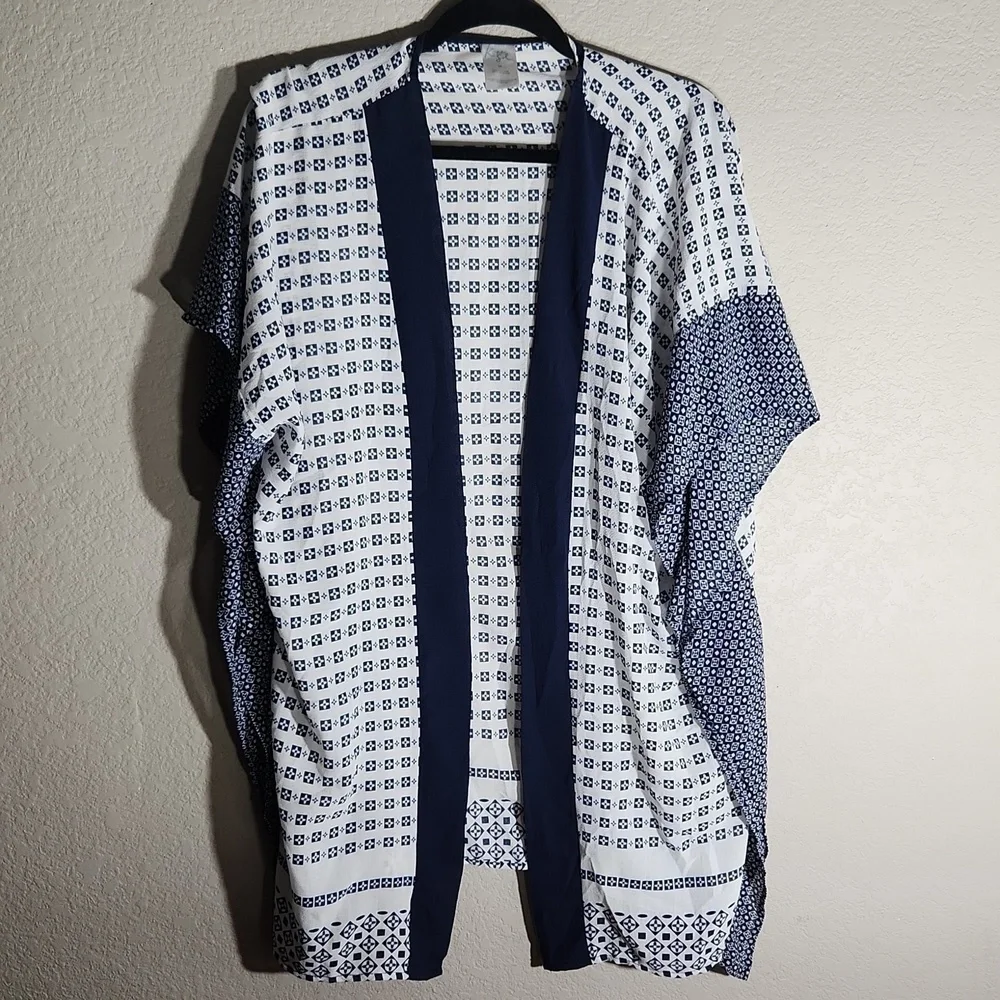 Kona Sol Sheer Cardigan Womens Size M Beach Cover Up Floral Navy Blue White